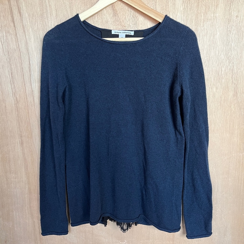 Autumn 100% Cashmere Navy Sweater Buttons & Black Lace Handkerchief Hem Back XS
